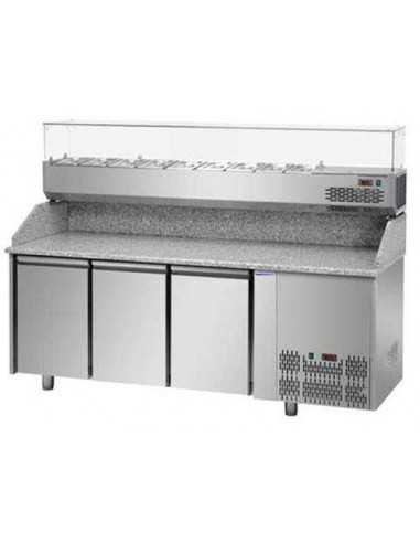 Banco pizza con 3 porte e vetrina - Cm 204 x 75 x 149/156 h