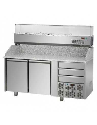 Banco pizza 2 porte e 3 cassetti - Vetrina -  Cm 161 x 75 x 149/156 h