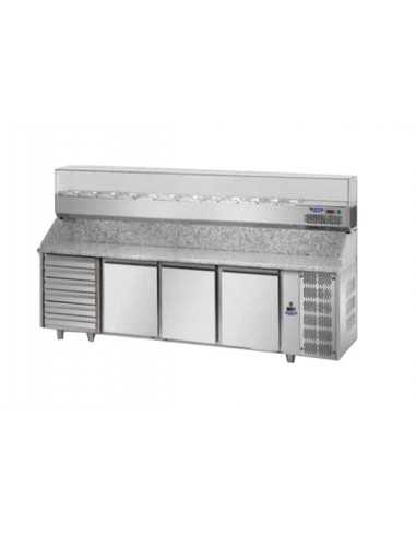 Banco pizza 3 porte e 6 cassetti - Vetrina - Cm 242 x 75 x 149/156 h