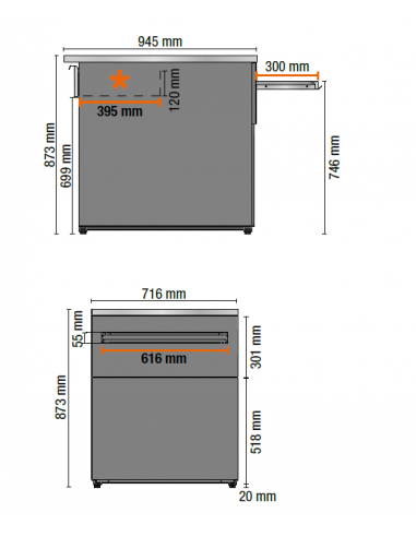 Caso posterior Cm 71.6 x 94.5 x 87.3 h - Tapa de acero inoxidable - Estantes de día a día