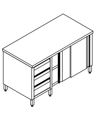 Cupboard table AISI 304 - Depth 70 - 3 vertical drawers