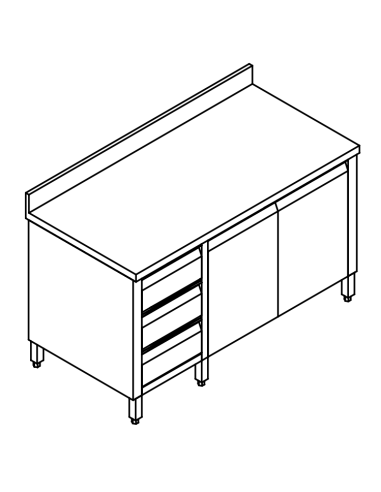 Tavolo armadiato battente AISI 304 - Alzatina - N.3 cassetti - Profondità 60