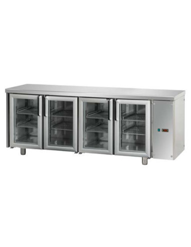 Tavolo refrigerato - Senza gruppo destra - N.4 porte vetro - cm 211 x 70 x 80/101h