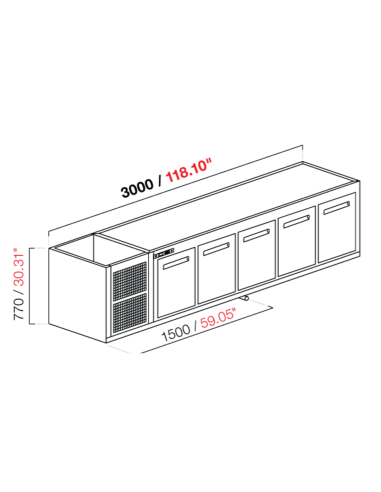 Capucha empotrada - refrigerada - N. 5 puertas - cm 300 x 53.5 x 77 h