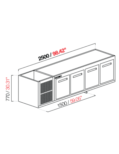 Capucha empotrada - refrigerada - N. 4 puertas - cm 250 x 53.5 x 77 h