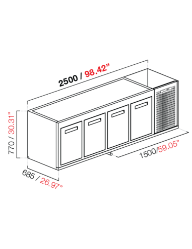 Capucha empotrada - refrigerada - N. 4 puertas - cm 250 x 68.5 x 77 h