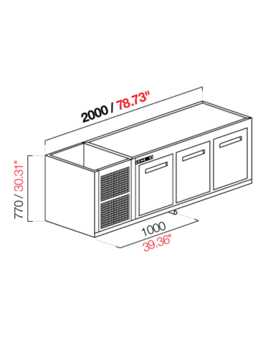 Capucha recesada - Refrigeración Negativa - N. 3 puertas - cm 200 x 68.5 x 77 h