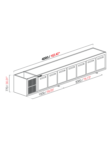 Capucha empotrada - refrigerada - N. 7 puertas - cm 400 x 68.5 x 77 h