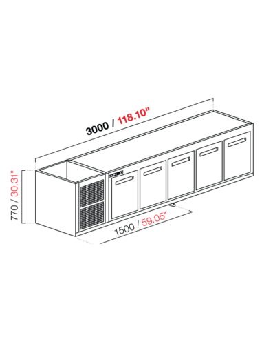 Capucha empotrada - refrigerada - N. 5 puertas - cm 300 x 68.5 x 77 h