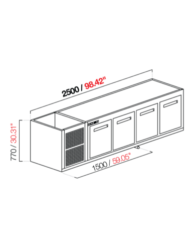 Capucha empotrada - refrigerada - N. 4 puertas - cm 250 x 68.5 x 77 h