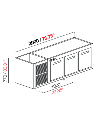 Capucha recesada - Refrigeración Negativa - N. 3 puertas - cm 200 x 63 x 77 h