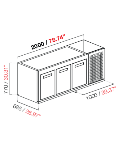 Cella da incasso - Refrigerata - N.3 porte - cm 200 x 68.5 x 77 h