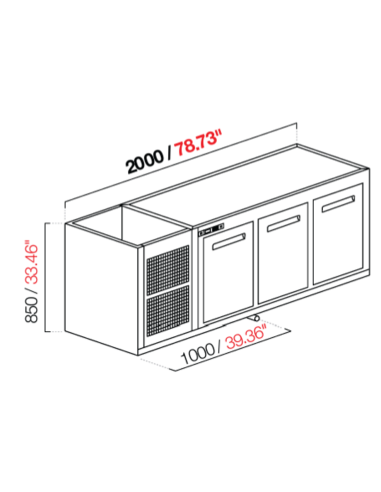 Capucha recesada - Refrigeración Negativa - N. 3 puertas - cm 200 x 63 x 85 h