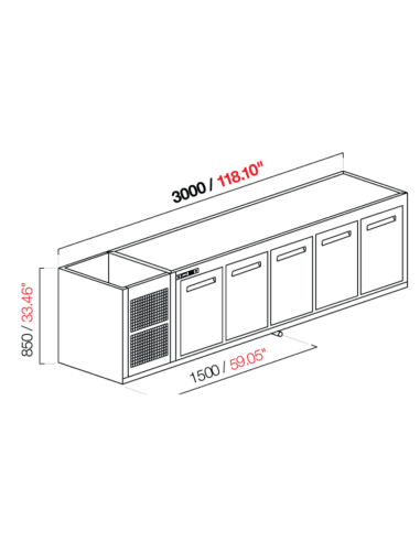 Capucha empotrada - refrigerada - N.5 puertas - cm 300 x 53.5 x 85 h