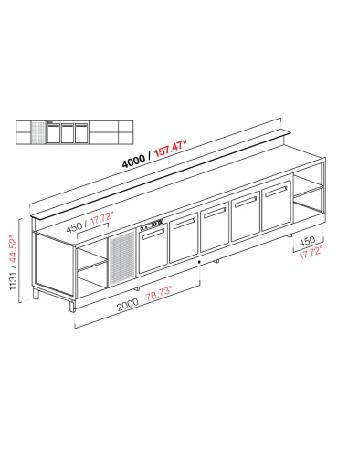 Banco bar - Linear - Refrigerado - N.3 puertas + 4 habitaciones - cm 400 x 68.8 x 113.1 h