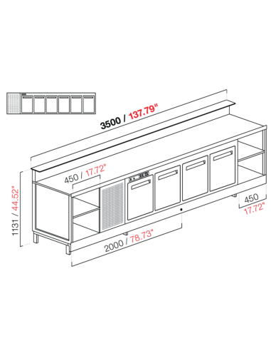 Banco bar - Linear - Refrigerado - N.6 puertas - cm 350 x 68.8 x 113.1 h