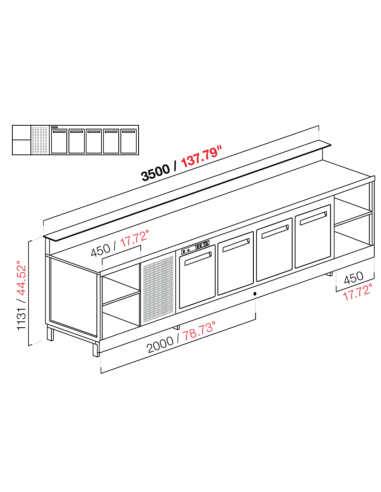 Banco bar - Linear - Refrigerado - N.5 puertas + 1 compartimento - cm 350 x 68.8 x 113.1 h