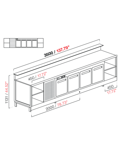 Banco bar - Linear - Refrigerado - N.4 puertas + 2 habitaciones - cm 350 x 68.8 x 113.1 h