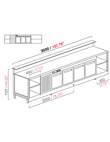 Banco bar - Linear - Refrigerado - N.3 puertas + 3 habitaciones - cm 350 x 68.8 x 113.1 h