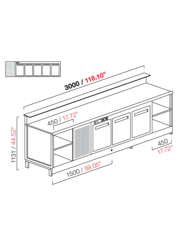 Banco bar - Linear - Refrigerado - N.5 puertas - cm 300 x 68.8 x 113.1 h