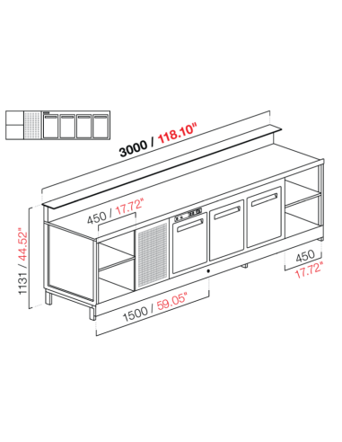 Banco bar - Linear - Refrigerado - N.4 puertas + 1 compartimento - cm 300 x 68.8 x 113.1 h