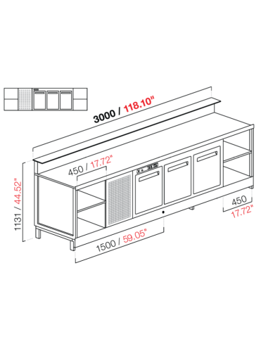 Banco bar - Linear - Refrigerado - N.3 puertas + 2 habitaciones - cm 300 x 68.8 x 113.1 h