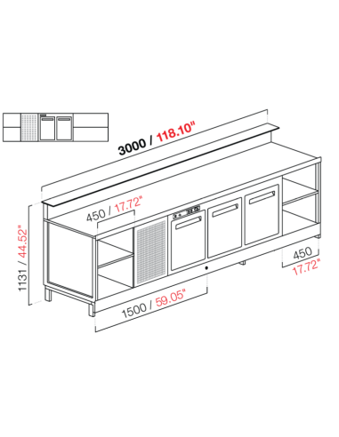 Banco bar - Linear - Refrigerado - N.2 puertas + 3 habitaciones - cm 300 x 68.8 x 113.1 h