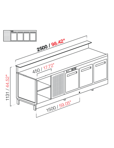 Banco bar - Linear - Refrigerado - N.4 puertas - cm 250 x 68.8 x 113.1 h