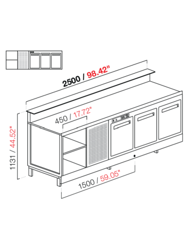 Banco bar - Linear - Refrigerado - N.3 puertas + 1 compartimento - cm 250 x 68.8 x 113.1 h