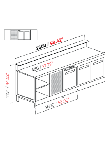 Banco bar - Linear - Refrigerado - N.2 puertas + 2 habitaciones - cm 250 x 68.8 x 113.1 h