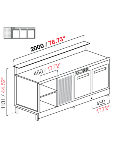 Banco bar - Linear - Refrigerado - N.3 puertas - cm 200 x 68.8 x 113.1 h