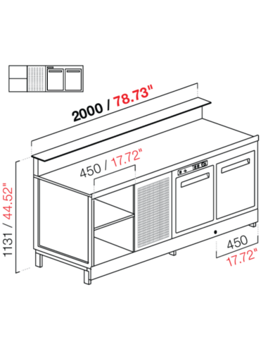 Banco bar - Linear - Refrigerado - N.2 puertas + 1 compartimento - cm 200 x 68.8 x 113.1 h