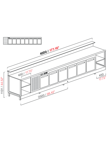 Banco bar - Linear - Refrigerado - N.8 puertas - cm 450 x 68.8 x 113.1 h