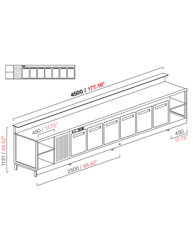 Banco bar - Linear - Refrigerado - N.7 puertas + 1 compartimento - cm 450 x 68.8 x 113.1 h