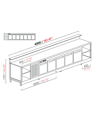 Banco bar - Linear - Refrigerado - N. 7 puertas - cm 400 x 68.8 x 113.1 h