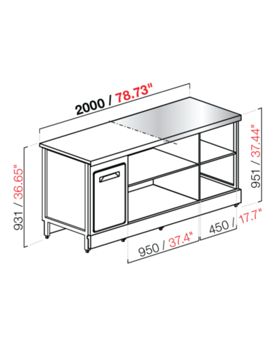 Banco bar - Linear - Neutro - N. 1 door + compartment - cm 200 x 68.8 x 95.1/93.1 h