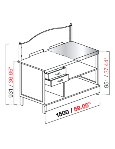 Banco toto/tabacchi - Dimensioni cm 150 x 72.8 x 95.1/93.1 h