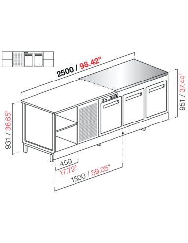 Banco bar - Refrigerado - N. 2 puertas + 2 habitaciones - Tapa de acero inoxidable - cm 250 x 68.8 x 95.1 h