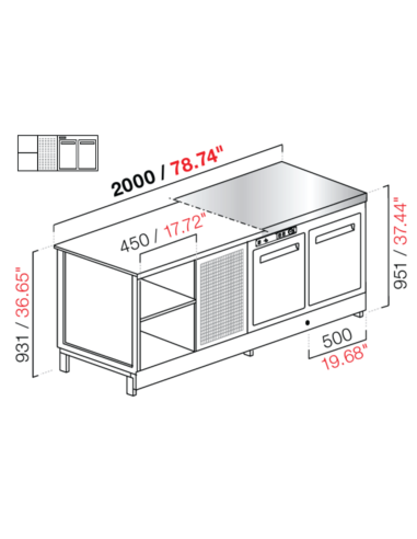 Banco bar - Refrigerado - N. 2 puertas + 1 compartimiento - Acero inoxidable - cm 200 x 68.8 x 95.1 h