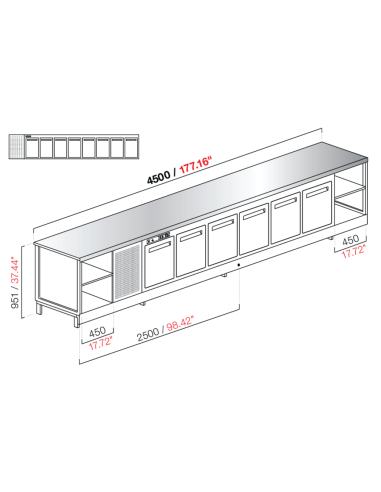 Banco bar - Refrigerado - N. 8 puertas - Acero inoxidable - cm 450 x 68.8 x 95.1 h