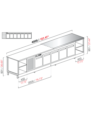 Banco bar - Refrigerado - N. 7 puertas - Acero inoxidable - cm 400 x 68.8 x 95.1 h