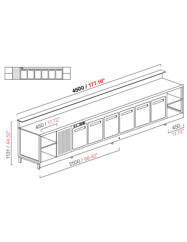 Banco bar - Linear - Refrigerado - N.6 puertas + 2 habitaciones - cm 450 x 68.8 x 113.1 h