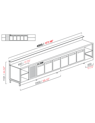 Banco bar - Linear - Refrigerado - N.5 puertas + 3 habitaciones - cm 450 x 68.8 x 113.1 h