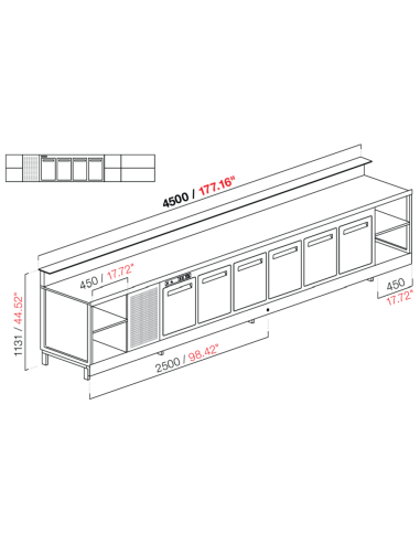 Banco bar - Linear - Refrigerado - N.4 puertas + 4 habitaciones - cm 450 x 68.8 x 113.1 h