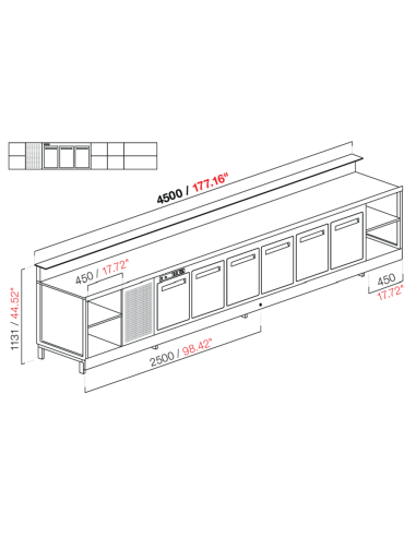 Banco bar - Linear - Refrigerado - N.3 puertas + 5 habitaciones - cm 450 x 68.8 x 113.1 h