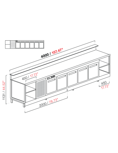 Banco bar - Linear - Refrigerado - N. 6 puertas + 1 compartimiento - cm 400 x 68.8 x 113.1 h