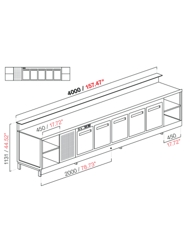 Banco bar - Linear - Refrigerado - N.5 puertas + 2 habitaciones - cm 400 x 68.8 x 113.1 h