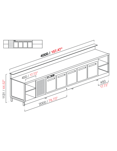 Banco bar - Linear - Refrigerado - N. 4 puertas + 3 habitaciones - cm 400 x 68.8 x 113.1 h