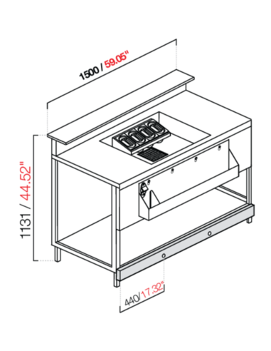 Banco cocktail - Alzatina - Predisposizione bancalina M/G/A - cm 150 x 65 x 113.1 h