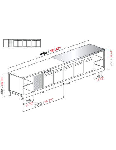 Banco bar - Refrigerato - N. 6 porte + 1 vano - Piano M/G/A - cm 400 x 68.8 x 95.1 h